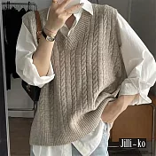 【Jilli~ko】韓風V領麻花寬鬆疊穿針織馬甲毛衣 J11062  FREE 卡其色