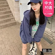 【Jilli~ko】oversize寬鬆休閒百搭連帽衛衣拉鍊外套中大尺碼 J11096  FREE 深藍色