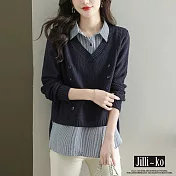【Jilli~ko】假兩件襯衫領針目排扣造型針織衫 J11133  FREE 藍色