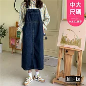 【Jilli~ko】韓版復古減齡寬鬆中長款牛仔背帶裙中大尺碼 J11163 FREE 深藍色
