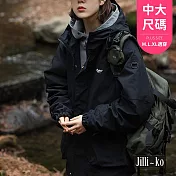 【Jilli~ko】BF中性薄款防風機車寬版連帽抽繩外套 J10915 FREE 黑色
