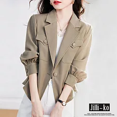 【Jilli~ko】韓版翻領燈籠袖短款風衣西裝外套 J11158 FREE 淺卡