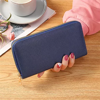 O-ni O-ni新款精選優質皮革輕巧防刮韓版簡約十字紋大容量多功能手機錢夾(23-b-6005) 深藍色