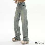 【MsMore】 美式復古高街做舊牛仔褲高腰顯瘦闊腿褲直筒褲拖地長褲# 119692 M 藍色