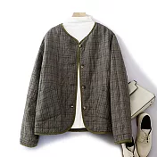 【ACheter】 復古文藝國潮格子寬鬆休閒顯瘦V領棒球服夾棉短外套# 119592 XL 綠色
