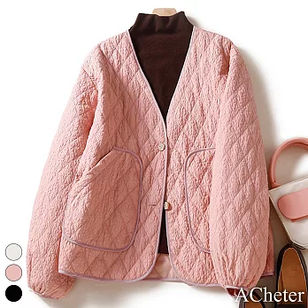【ACheter】 設計感菱形空間V領長袖輕薄好穿搭棉服外套短版# 119597 M 粉紅色