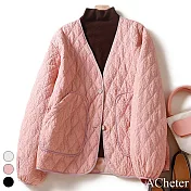 【ACheter】 設計感菱形空間V領長袖輕薄好穿搭棉服外套短版# 119597 XL 粉紅色