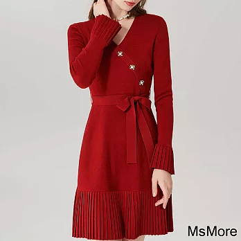 【MsMore】 法式氣質修身V領紅色派對聖誕顯瘦針織連身裙短版洋裝# 119744 FREE 紅色