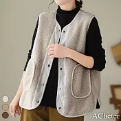【ACheter】 雙面穿羊羔毛復古文藝寬鬆無袖燈芯絨短版背心外套# 119876 L 米白色