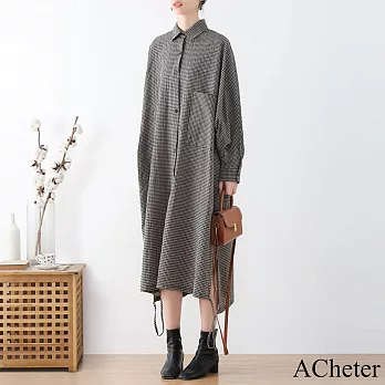 【ACheter】 日系棉長版格子襯衫長袖系帶文藝復古襯衫連身裙洋裝# 119907 FREE 灰色