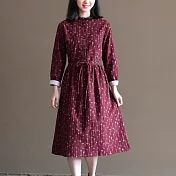 【ACheter】 森系印花立領寬鬆長袖長版收腰棉麻感連身裙洋裝# 119912 2XL 酒紅色