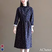 【ACheter】 森系印花立領寬鬆長袖長版收腰棉麻感連身裙洋裝# 119912 2XL 藍色