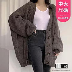 【Jilli~ko】慵懶風V領單排扣寬鬆燈籠袖針織毛衣外套中大尺碼 J11012 FREE 咖色