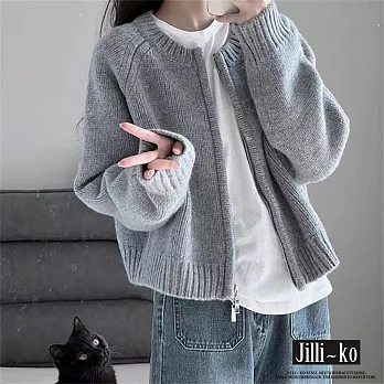 【Jilli~ko】加厚短款雙拉鍊長袖針織毛衣外套 J11082 FREE 灰色