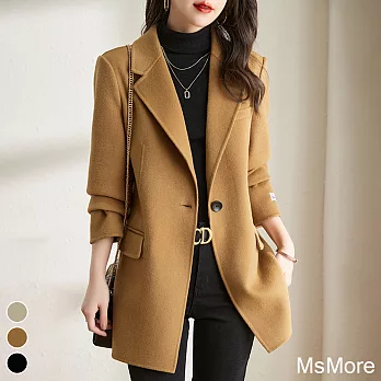 【MsMore】 英式毛呢大衣韓版中長西裝寬鬆顯瘦氣質長袖中長版外套# 119937 2XL 駝色