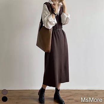 【MsMore】 超流行的美拉德風穿搭V領設計寬鬆連身裙簡約背心中長版洋裝# 119976 FREE 咖色