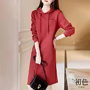 【初色】素色單口袋直筒寬鬆遮肉長袖連身裙洋裝-紅色-31279(M-2XL可選) L 紅色
