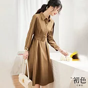 【初色】翻領襯衫領純色長袖中長裙收腰連身洋裝-咖色-31302(M-2XL可選) XL 咖色