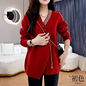 【初色】V領不規則設計顯瘦寬鬆長袖毛衣針織衫上衣-共2色-31227(F可選) F 紅色