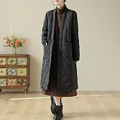 【ACheter】 日風棉服時尚長款寬鬆復古純色長袖V領口袋長外套# 119594 2XL 黑色