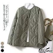 【ACheter】 復古夾棉菱格輕薄羽絨棉服長袖圓領短外套# 119595 M 綠色