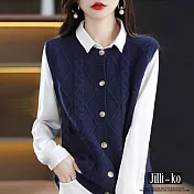 【Jilli~ko】圓領麻花疊穿開扣寬鬆針織馬甲 J10938  FREE 深藍