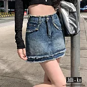 【Jilli~ko】高腰A字型半身合身毛邊牛仔包臀短裙 M-XL J11171 L 藍色