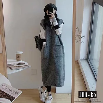 【Jilli~ko】V領外搭疊穿寬鬆針織毛線馬甲連衣裙 J11169  FREE 灰色