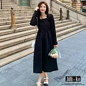 【Jilli~ko】復古溫柔風方領撞色收腰顯瘦氣質連衣裙 J11199  FREE 黑色