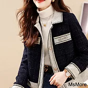 【MsMore】 設計師推薦韓版氣質拼接設計感長袖百搭短款外套# 120024 L 藏青色