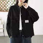【ACheter】 高密織斜紋大碼文藝工裝圓領外套復古色長袖短版# 120055 L 黑色
