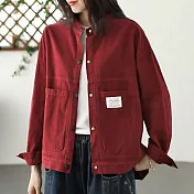 【ACheter】 高密織斜紋大碼文藝工裝圓領外套復古色長袖短版# 120055 L 紅色