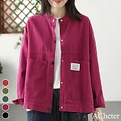 【ACheter】 高密織斜紋大碼文藝工裝圓領外套復古色長袖短版# 120055 L 玫紅色