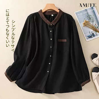 【AMIEE】文藝風輕薄棉麻撞色襯衫(4色/M-2XL/KDTQ-9063) 3XL 黑色