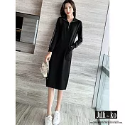 【Jilli~ko】拉鍊立領運動休閒中長款連衣裙女氣質寬鬆顯瘦 J11181  FREE 黑色