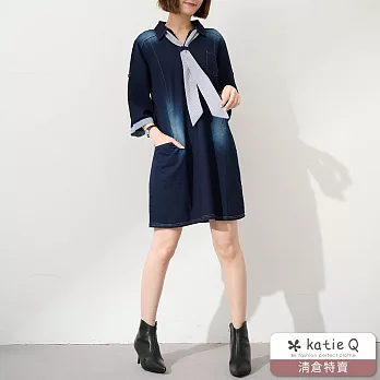 【KatieQ】丹寧風條紋領巾反褶袖寬鬆修身連衣裙 L-XL  L 藍色