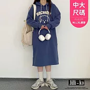 【Jilli~ko】慵懶風長袖休閒連帽連衣裙女學生貴賓狗印花中大尺碼 J11197  FREE 深藍