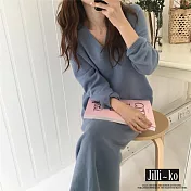 【Jilli~ko】Chic風V領針織連衣裙寬鬆顯瘦長裙加厚毛衣 J11239  FREE 藍色
