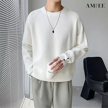 【AMIEE】純色圓領百搭質感針織衫(男裝/KDTQ-D289) M 白色