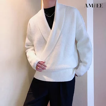 【AMIEE】韓國歐爸交叉純色針織外套(男裝/KDCQ-3371) M 白色