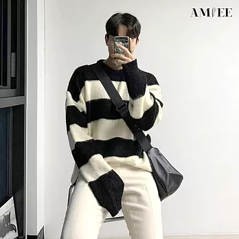 【AMIEE】軟糯感小奶狗風條紋針織衫(男裝/KDTQ-B57) M 白色