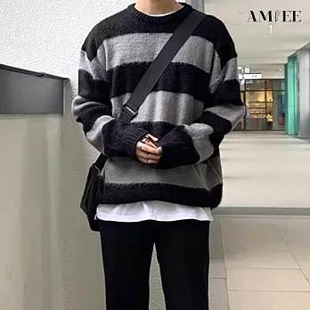 【AMIEE】軟糯感小奶狗風條紋針織衫(男裝/KDTQ-B57) L 灰色