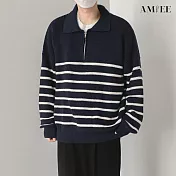【AMIEE】輕熟風翻臉條紋針織上衣(男裝/KDTQ-3458) XL 黑色