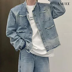 【AMIEE】做舊感復古毛邊牛仔外套(男裝/KDCQ─706) M 藍色