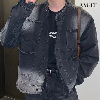 【AMIEE】做舊感復古毛邊牛仔外套(男裝/KDCQ-706) M 灰色