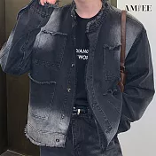 【AMIEE】做舊感復古毛邊牛仔外套(男裝/KDCQ-706) XL 灰色