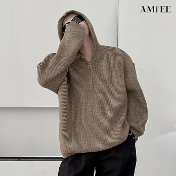【AMIEE】設計款仿羊毛舒適連帽針織衫(男裝/KDTQ-3115) M 咖啡色