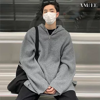 【AMIEE】設計款仿羊毛舒適連帽針織衫(男裝/KDTQ-3115) M 灰色