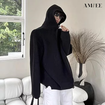 【AMIEE】設計款仿羊毛舒適連帽針織衫(男裝/KDTQ-3115) M 黑色