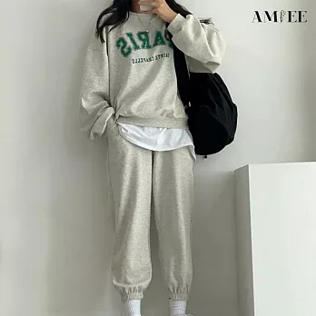 【AMIEE】韓系PARIS棉質休閒運動2件套裝(3色/M-3XL/KDAQ-807) L 淺灰